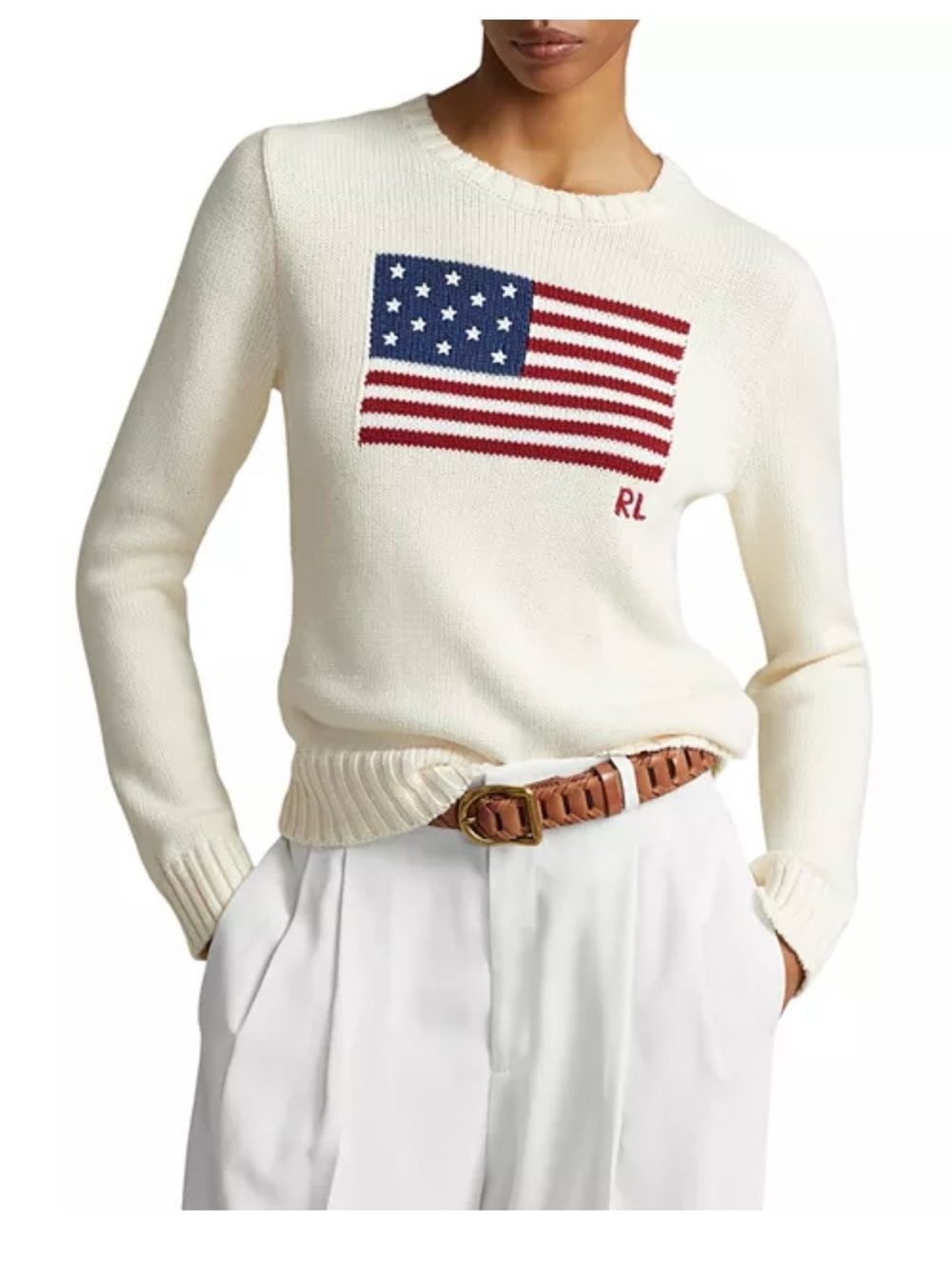 Ralph Lauren Cream Crewneck Sweater with Flag Motif